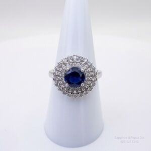 2CT Natural Blue Sapphire & Topaz Halo Ring 925 Silver Sz 7 Jewelry